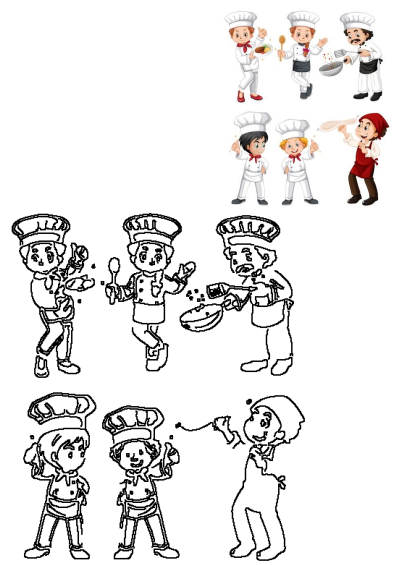Diverse cartoon chefs in various positions, illustrating cooking actions like serving, stirring, and tossing dough, presented in both vibrant color and outline art.