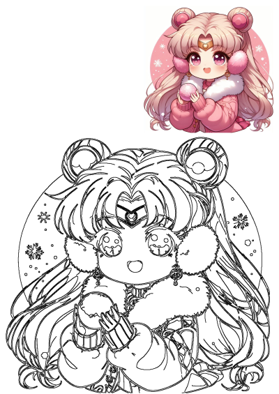 Chibi Sailor Moon anime character in a pink winter outfit, holding a snowball with festive snowflakes, serving as winter inspiration.