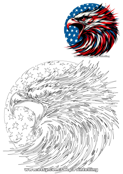 Bold patriotic American eagle head art, featuring vibrant red, white, and blue colors, set against a star-spangled flag background, with included line art.