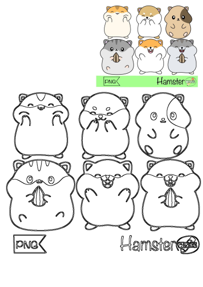 Hamster Clipart Collection featuring cute hamsters in various poses, some holding sunflower seeds. Includes both colored and outline vector designs.