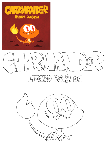 Charmander Lizard Pokemon cartoon character with flame illustration and a printable outline drawing for coloring.