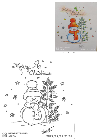 Cheerful Christmas snowman illustration. Happy snowman in orange hat, scarf, festive tree, stars, snowflakes, 'Merry Christmas' text.