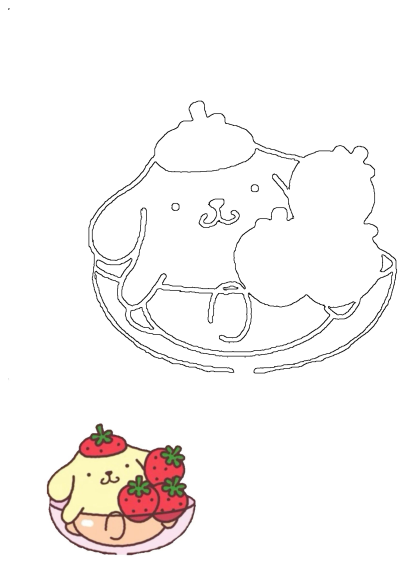 Cute Pompompurin strawberry cake dessert drawing featuring the adorable character as a sweet treat, presented alongside its outline.