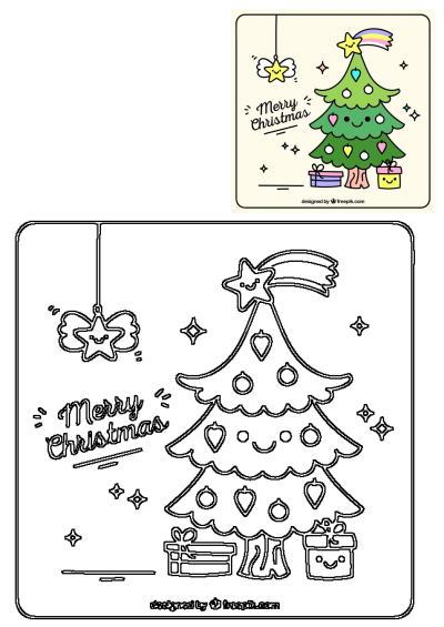 Cute cartoon Christmas tree with smiling face, star, and gifts, alongside its black outline template for holiday fun.