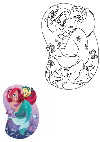 Cute Ariel and Flounder illustration depicting their undersea friendship. The Little Mermaid and her fish friend smile in a vibrant ocean scene.