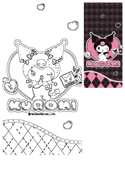 Kuromi Sanrio character phone wallpaper featuring the mischievous bunny in black and pink, with stylish patterns. Includes a Kuromi outline.