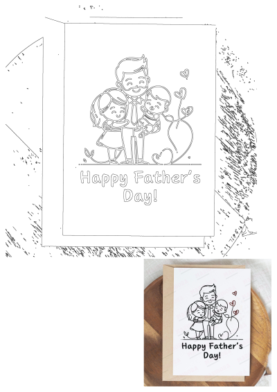 Happy Fathers Day Card Hugging Family: Outline illustration of a father embracing his daughter and holding his son.