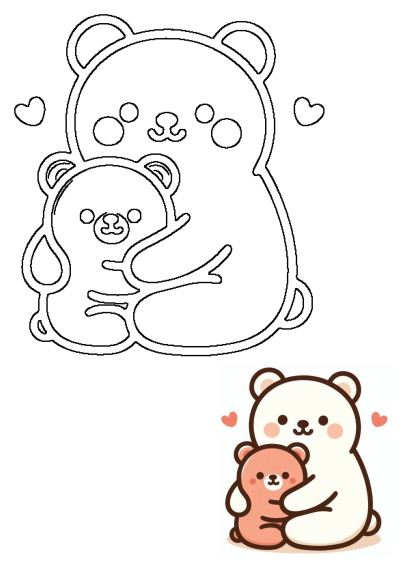 A cute cartoon illustration showing a larger bear lovingly hugging a smaller bear, surrounded by hearts. Features line art and colored versions.