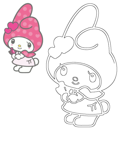 Cute My Melody character in a pink polka-dot hat with hearts and pink cape, holding lipstick. Also features a black and white outline for coloring.