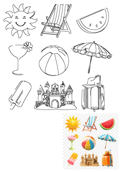 Set of vibrant 3D summer vacation elements and their line art outlines; includes sun, beach chair, watermelon, sandcastle, suitcase.