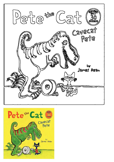 Pete the Cat Cavecat Pete book cover, featuring Pete as a caveman and a dinosaur. Includes the colorful original art and a B&W outline.