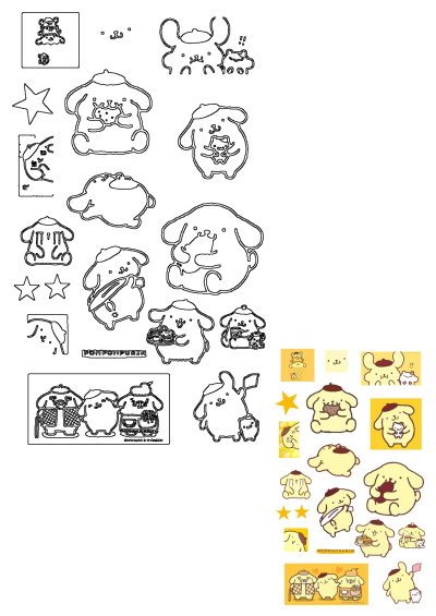 Cute Pompompurin Sanrio stickers featuring various kawaii poses and scenes, including outlines and small colorful designs, perfect for fans.