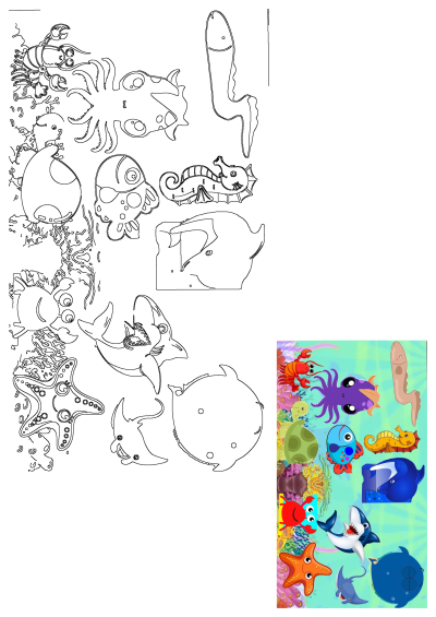 Vibrant cartoon underwater scene with diverse sea animals like fish, octopus, shark, and starfish, alongside their crisp line art versions.