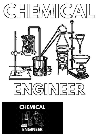 Black and white outline illustration featuring various chemical engineering lab equipment like beakers, flasks, and funnels. Text reads CHEMICAL ENGINEER.