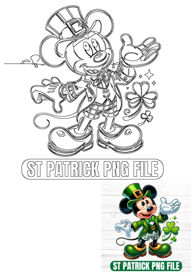 Mickey Mouse dressed as a cheerful leprechaun for St. Patrick's Day, with lucky shamrocks. Outline vector for digital crafts.