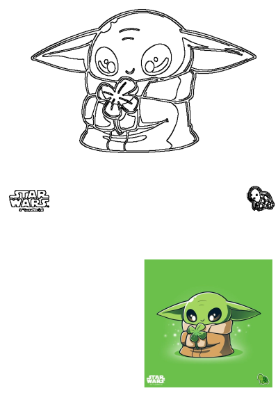 Adorable Baby Yoda (Grogu) in a tan robe holds a vibrant green shamrock for St. Patrick's Day, bringing luck and charm.