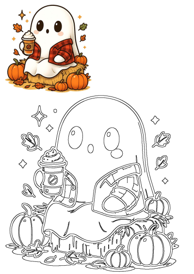 A cute ghost in a plaid shirt sips a pumpkin spice latte, surrounded by autumn pumpkins and fall leaves on a hay bale.