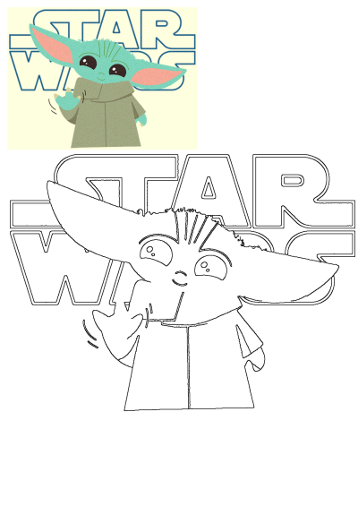 Cute Baby Yoda (Grogu) Star Wars character illustration featuring the green alien waving, presented with a black and white outline.