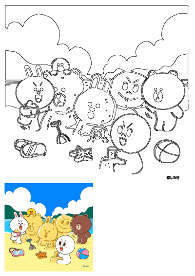 Line Friends characters, including Brown, Cony, and Sally, building sandcastles on a sunny beach during summer vacation.