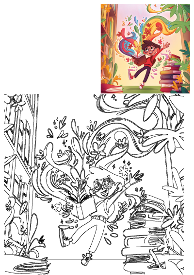 Boy flying with books, deep in a reading adventure. Happy kid with glasses surrounded by colorful magic, imagination, and library books.