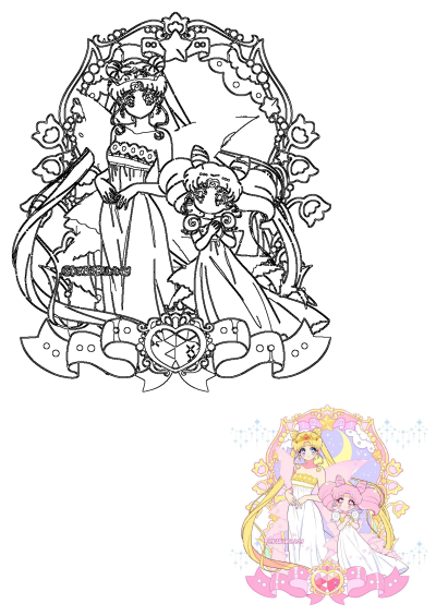 Sailor Moon and Chibi Moon in flowing gowns, surrounded by a magical frame of pink and yellow stars.