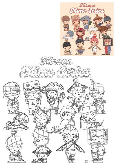 Diverse Hirono Mime Series characters with unique outfits and items, shown in vibrant color and outline illustrations.