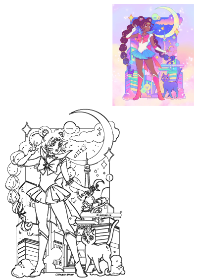 Vibrant cartoon art of a magical girl with dark skin and a cat, standing in a dreamy cityscape under a moonlit, starry sky.