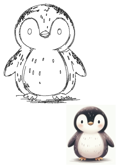 Cute Penguin Cartoon Illustration showing a friendly, round-bodied penguin with simple outlines, ideal for children's activities.