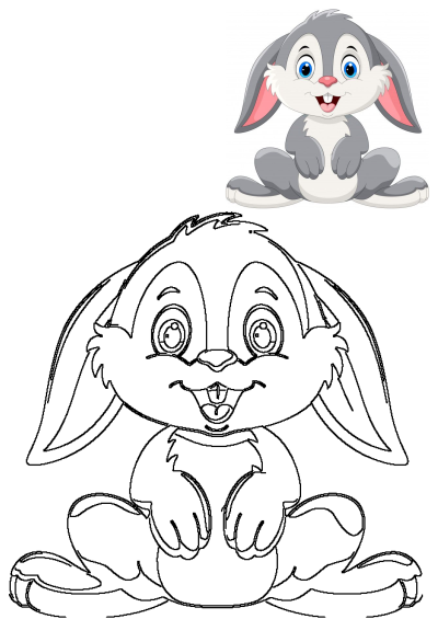 A cute gray cartoon bunny with blue eyes sits happily on the ground. Includes both the vibrant illustration and its outline for drawing.