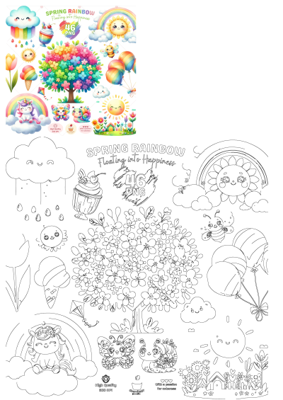 A delightful spring rainbow clipart collection showcasing colorful elements like a unicorn, sun, flowers, and a tree, alongside line art for coloring.