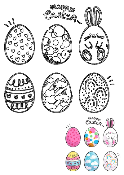 A collection of Happy Easter egg designs, featuring both outlined and colorful illustrations with bunnies, hearts, clouds, and rainbows.