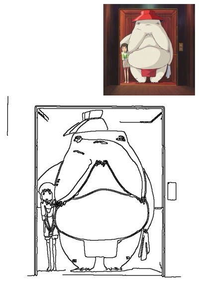 Spirited Away scene showing Chihiro and the large Radish Spirit in an elevator, also presented as a detailed line art outline.