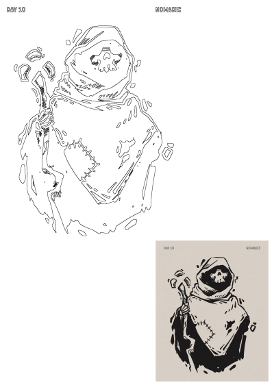 A stark black and white drawing of a nomadic hooded skull figure holding a staff, part of the Day 10 series.