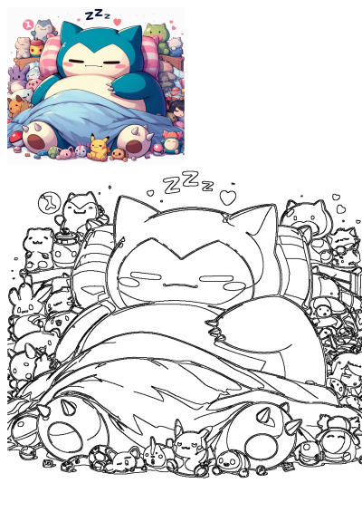 A cute Snorlax peacefully sleeping under a blue blanket, cuddled by many Pokemon stuffed animals like Pikachu and others.