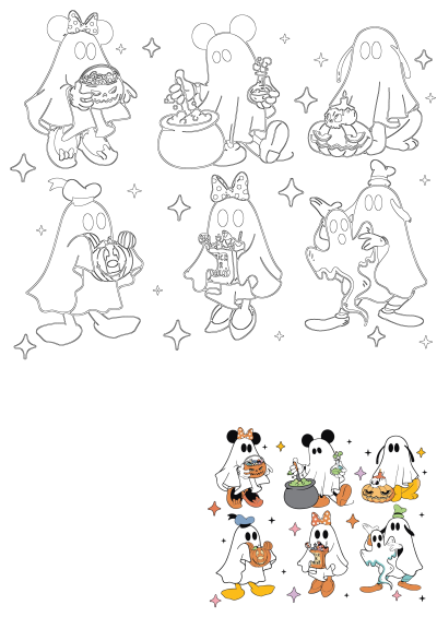 Outline of Disney characters, including Mickey and Minnie Mouse, dressed in ghost costumes for Halloween, holding pumpkins and candy.