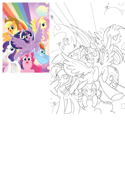 My Little Pony Friendship Is Magic Rainbow Ponies illustration with colorful characters and an outline version for coloring.