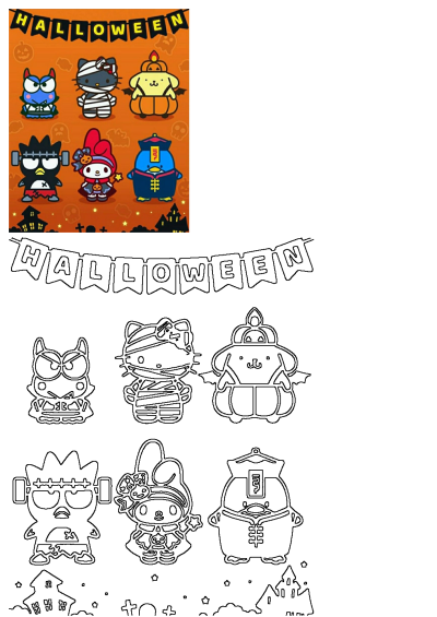 Colorful Sanrio-style Halloween cartoon characters in costumes on an orange background with a 'Halloween' banner, plus a black and white outline drawing.