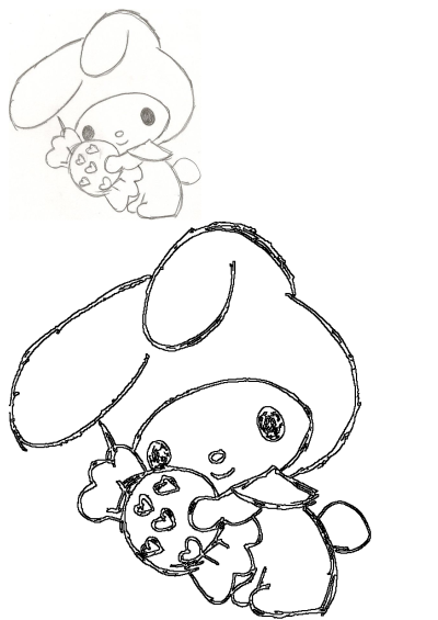 Pencil sketch of a cute bunny, reminiscent of My Melody, holding a heart-shaped cookie adorned with tiny hearts.