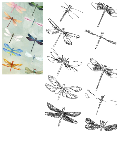 Vibrant watercolor dragonfly pattern with pastel pink, blue, orange, green, white dragonflies and separate line art outlines on soft background.