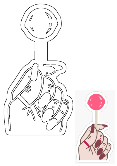 A vibrant sticker of a hand with red nails and a ring holding a sweet pink lollipop, presented with its matching black outline design.
