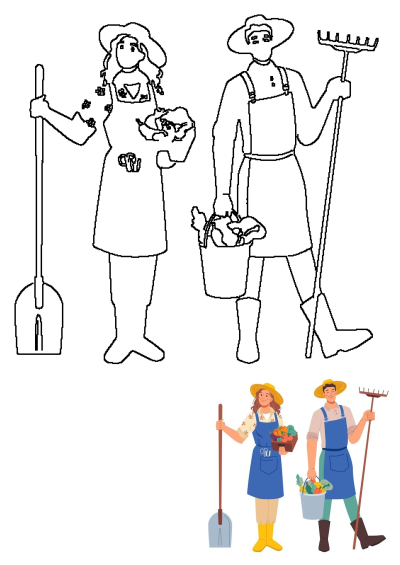 Outline drawing of two farmers with gardening tools (shovel, rake) holding a basket and bucket of fresh harvested vegetables.