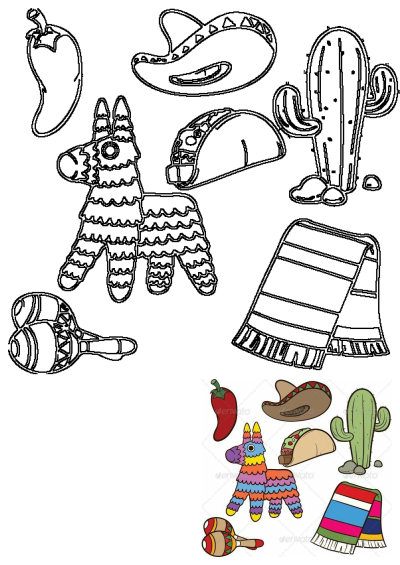 Mexican themed clipart with outlines of sombreros, a colorful pinata, taco, maracas, cactus, chili, and traditional serape.