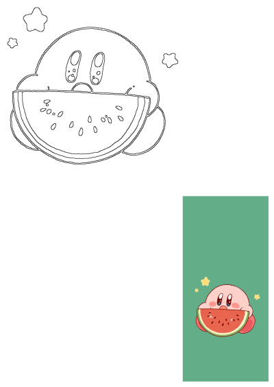 Cute pink Kirby character enjoying a slice of red watermelon against a vibrant green background with yellow stars.