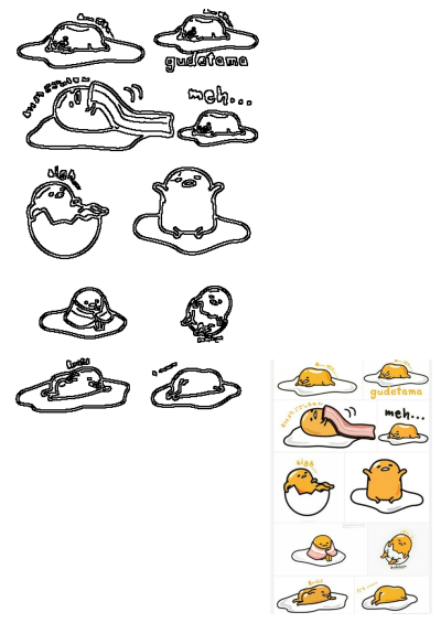 Black and white line art of Gudetama, the lazy egg cartoon, depicted in various unenthusiastic poses, some with hams.