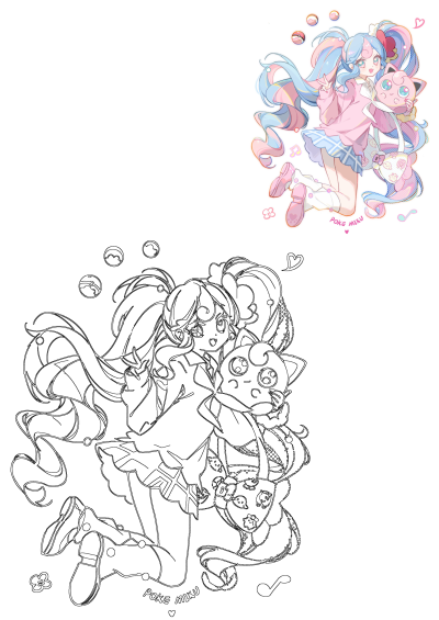 Adorable Poke Miku Hatsune Miku fanart shows the anime girl with vibrant blue and pink hair, sweetly hugging a cute Jigglypuff Pokemon amidst other Pokemon elements.