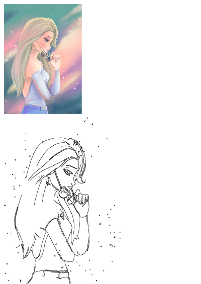 Beautiful illustration of a blonde girl with long flowing hair, holding stylish sunglasses, set against a dreamy, colorful cosmic background.