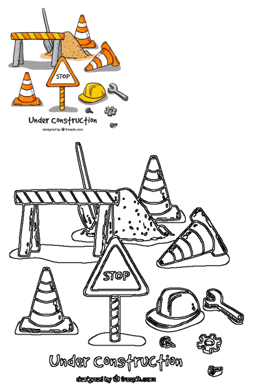 Cartoon under construction scene with traffic cones, a stop sign, barrier, hard hat, shovel, wrench, and other tools.
