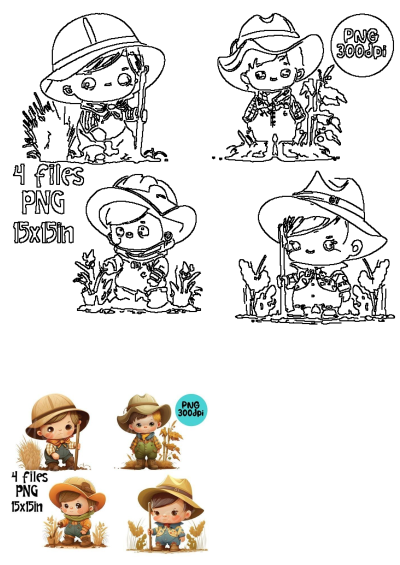 Charming illustrations of cute little farm boys in hats in a harvest setting, presented as black outlines and vibrant digital art.