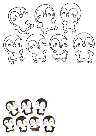 A collection of cute cartoon penguins: outline drawings in various poses and colored illustrations, with one reading a book. Isolated.