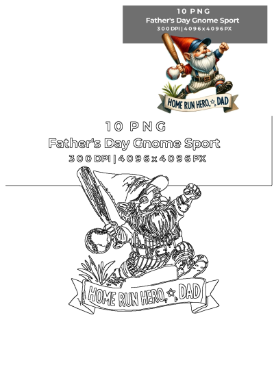 Digital illustration of a Fathers Day baseball gnome, a home run hero dad, running with a bat and ball, perfect for celebrating dad.